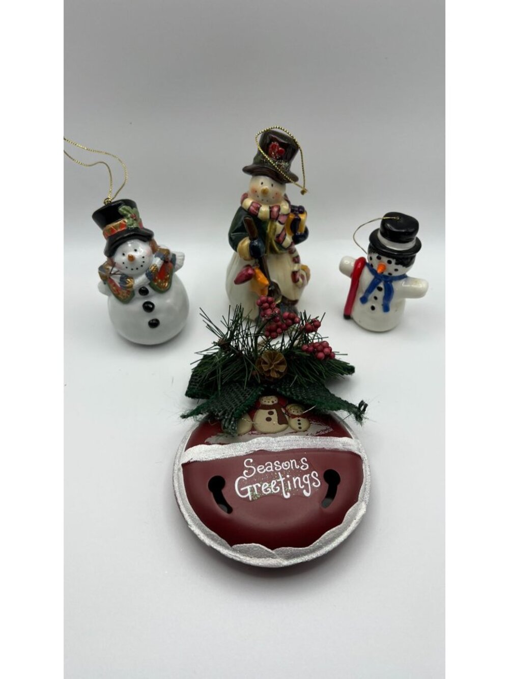 Set Of 4 Snowman Christmas Ornaments With Painted Details & "Seasons Greetings"